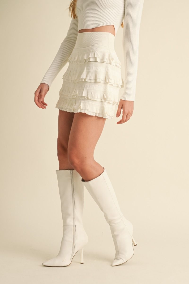 LIGHTWEIGHT KNIT RUFFLED TIERED MINI SKIRT