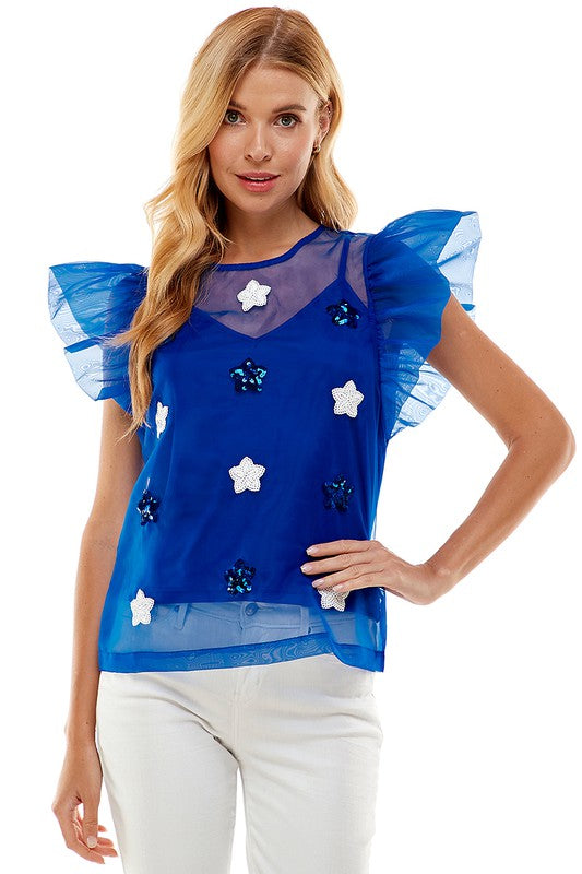 Organza Top With Sequined Stars