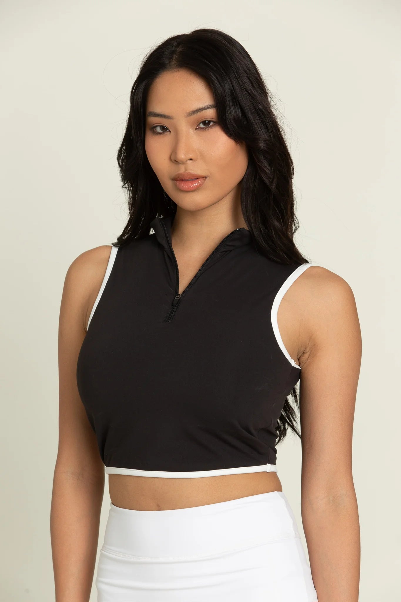 BLACK WHITE LINED HALF-ZIP CROP TOP