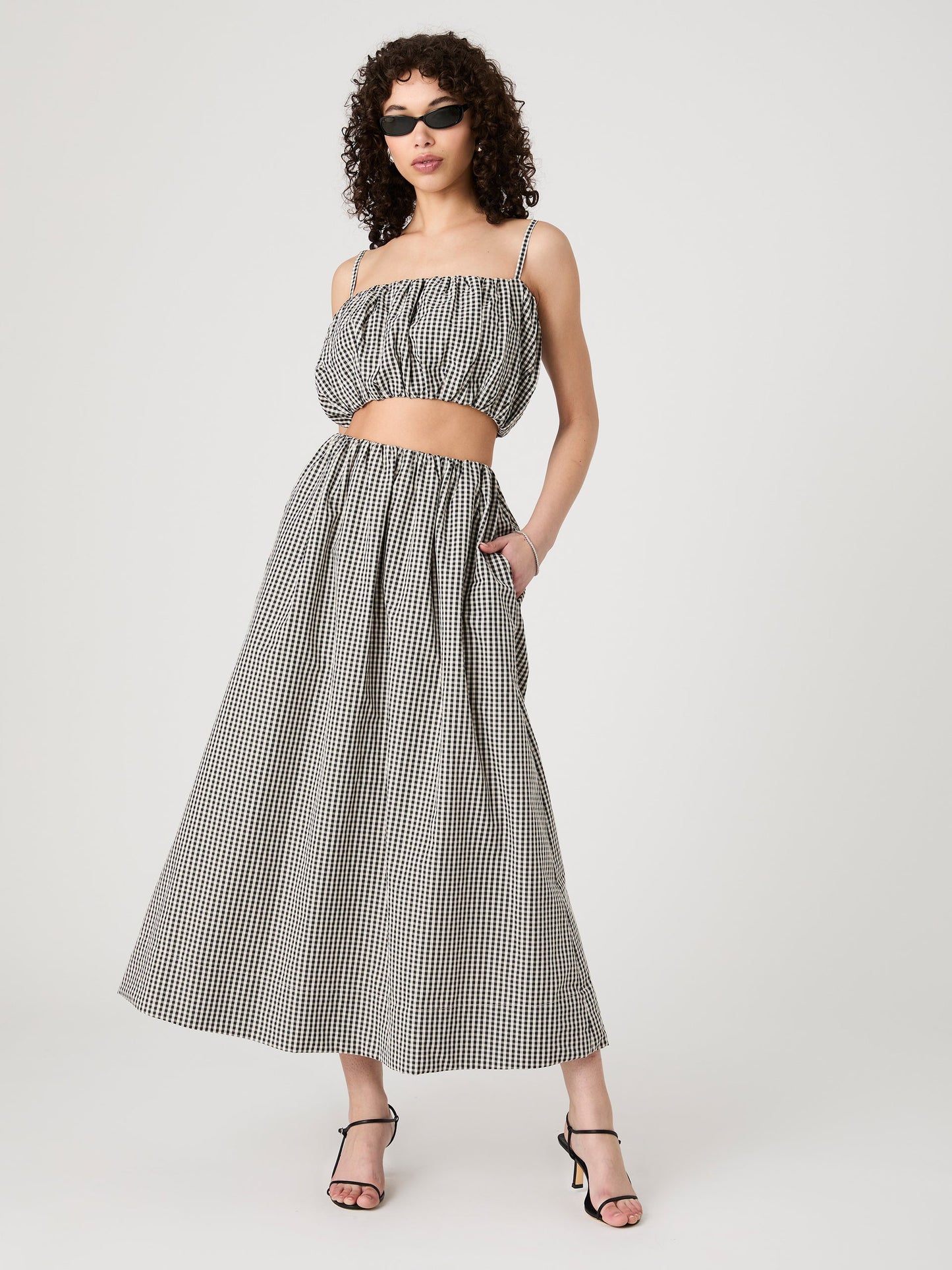 GINGHAM RUCHED WAIST MIDI SKIRT