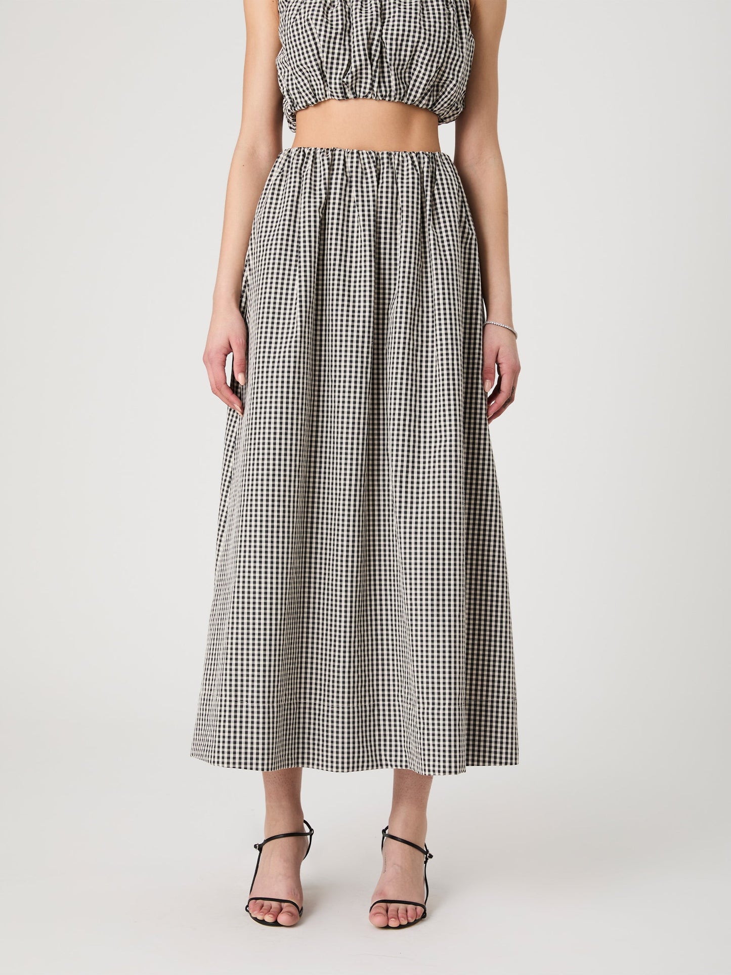 GINGHAM RUCHED WAIST MIDI SKIRT