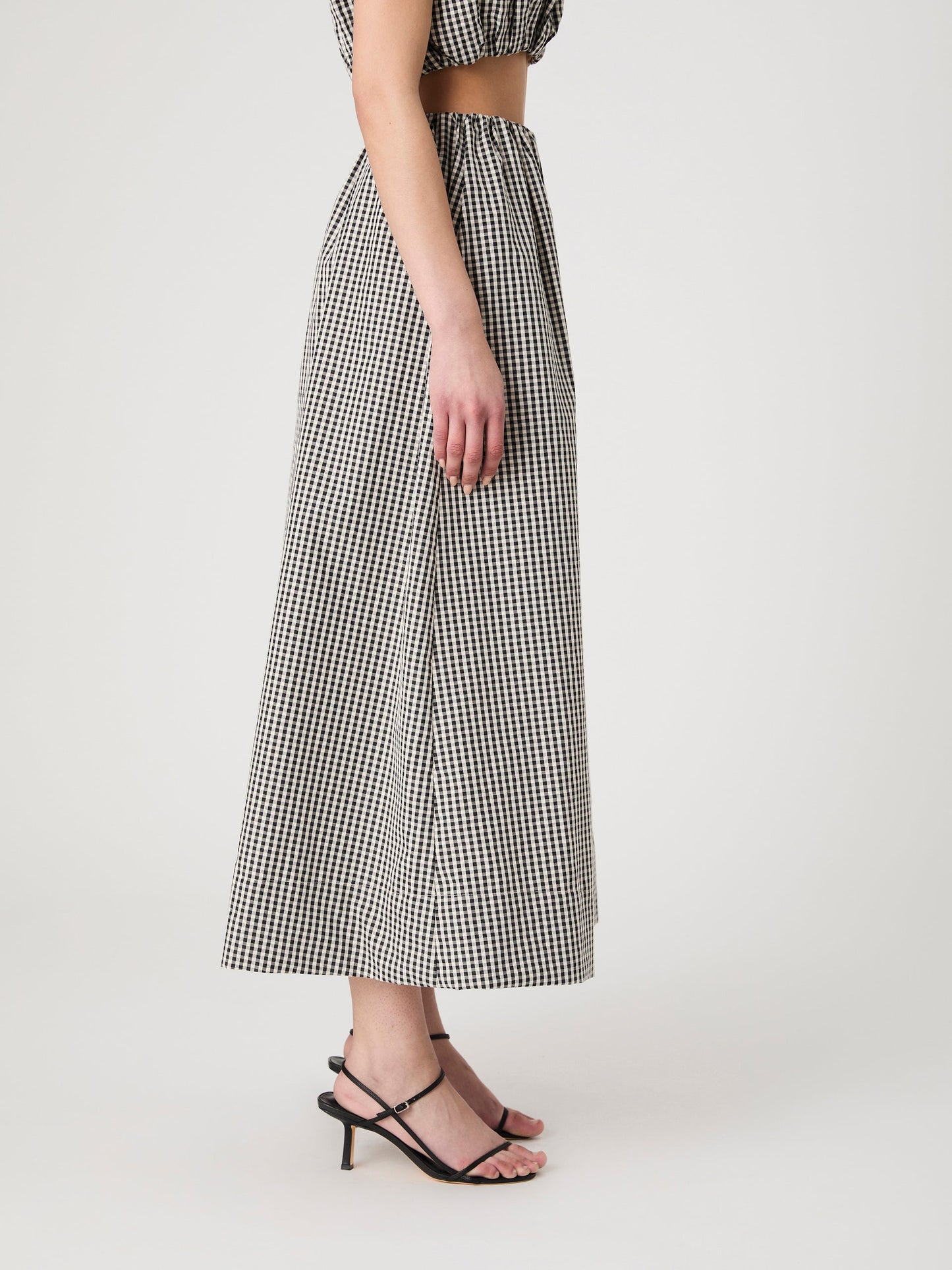 GINGHAM RUCHED WAIST MIDI SKIRT
