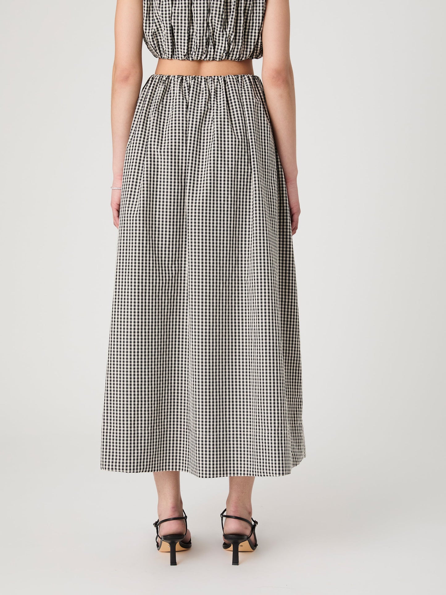 GINGHAM RUCHED WAIST MIDI SKIRT