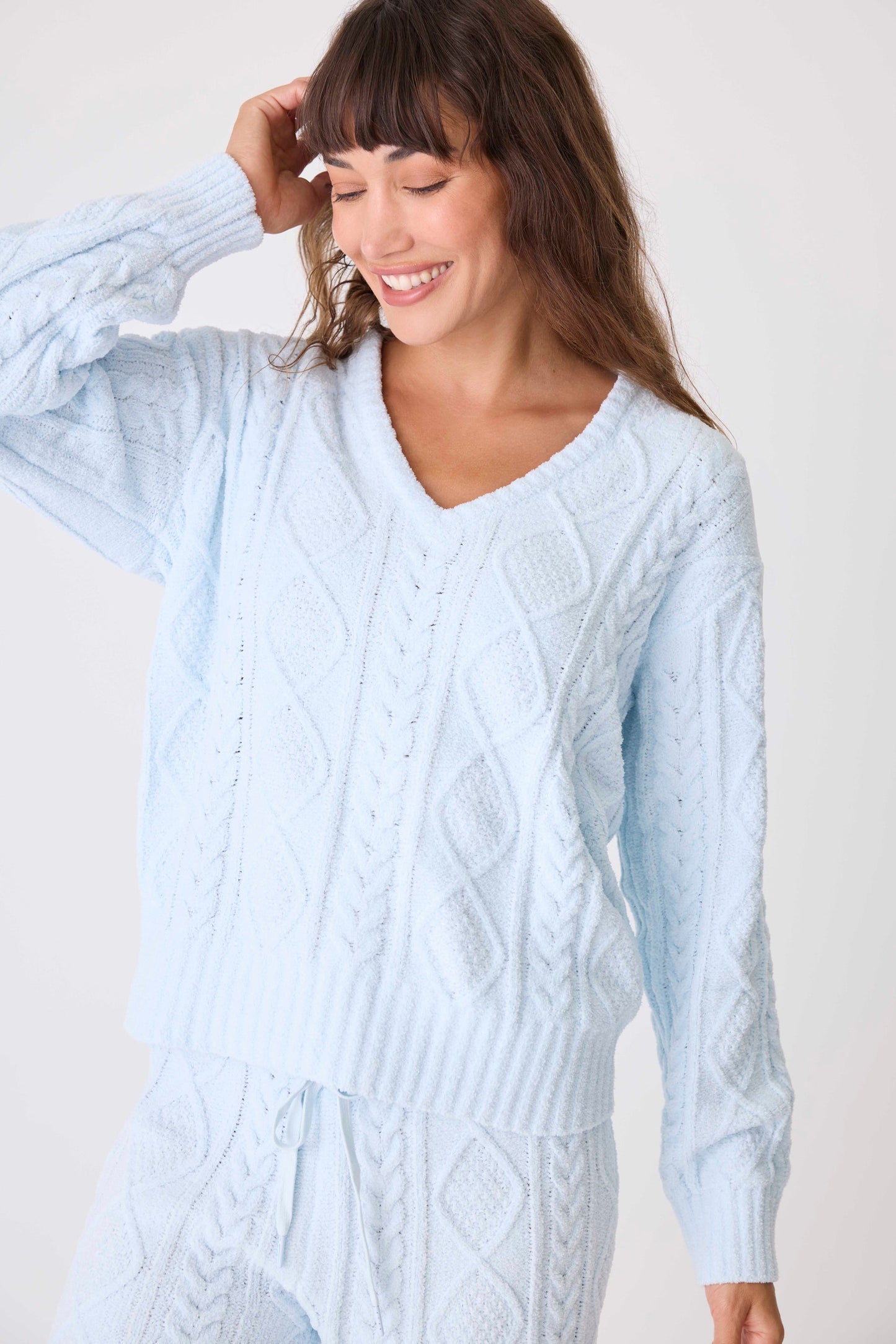 CHENILLE COZY CABLE V-NECK SWEATER