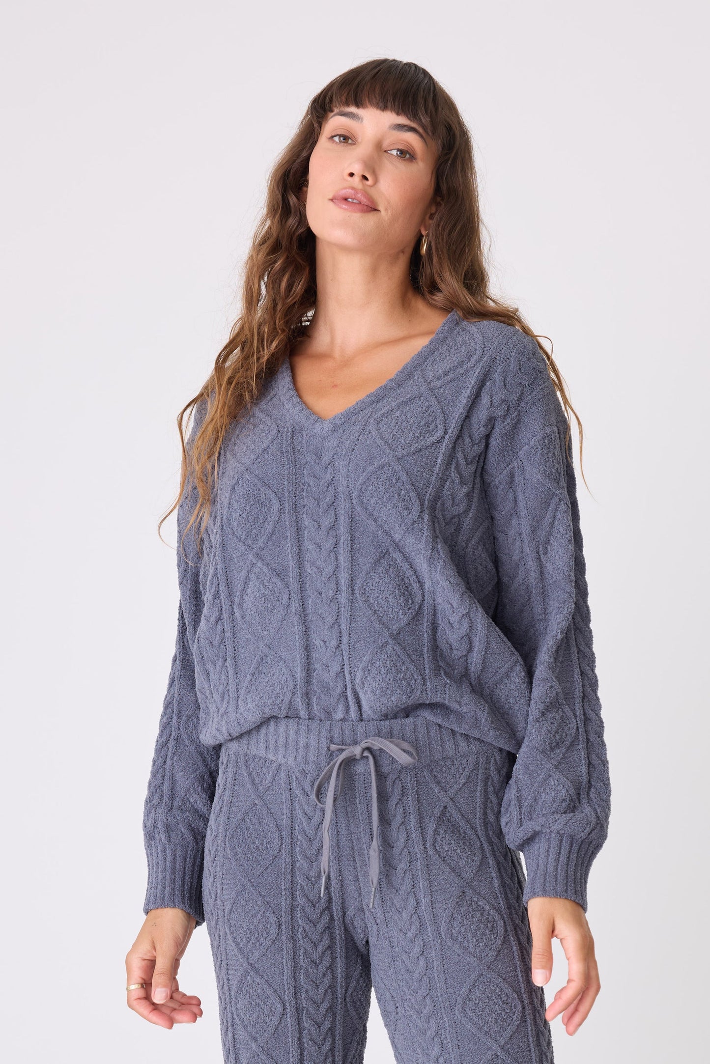 CHENILLE COZY CABLE V-NECK SWEATER