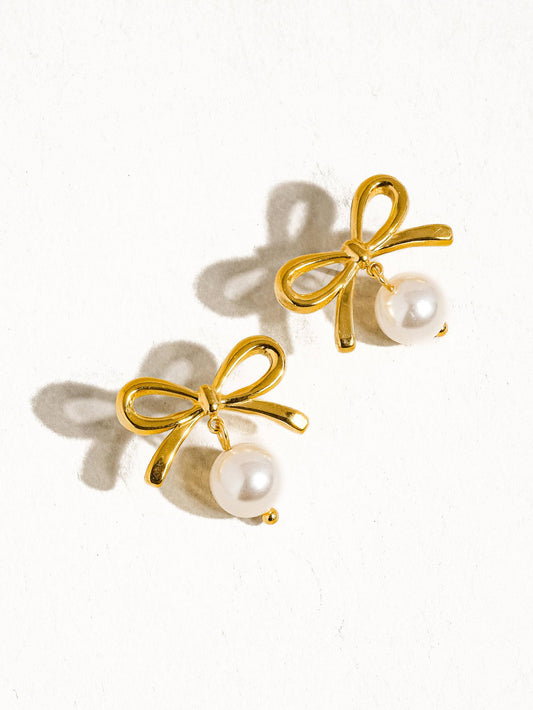 LEAH 18K GOLD BOW PEARL EARRINGS
