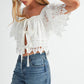 SQUARE NECK CROCHET LACE TOP
